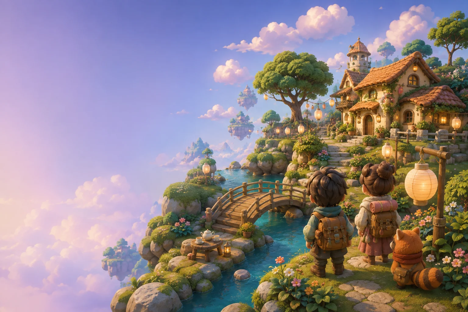 Two travelers and a little courier overlooking a lush harbor, curved wooden bridge, and lantern-lit cottages. Original Roamlet concept artwork.